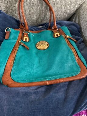 Michael Kors Teal and Brown Leather Tote with Gold MK Emblem